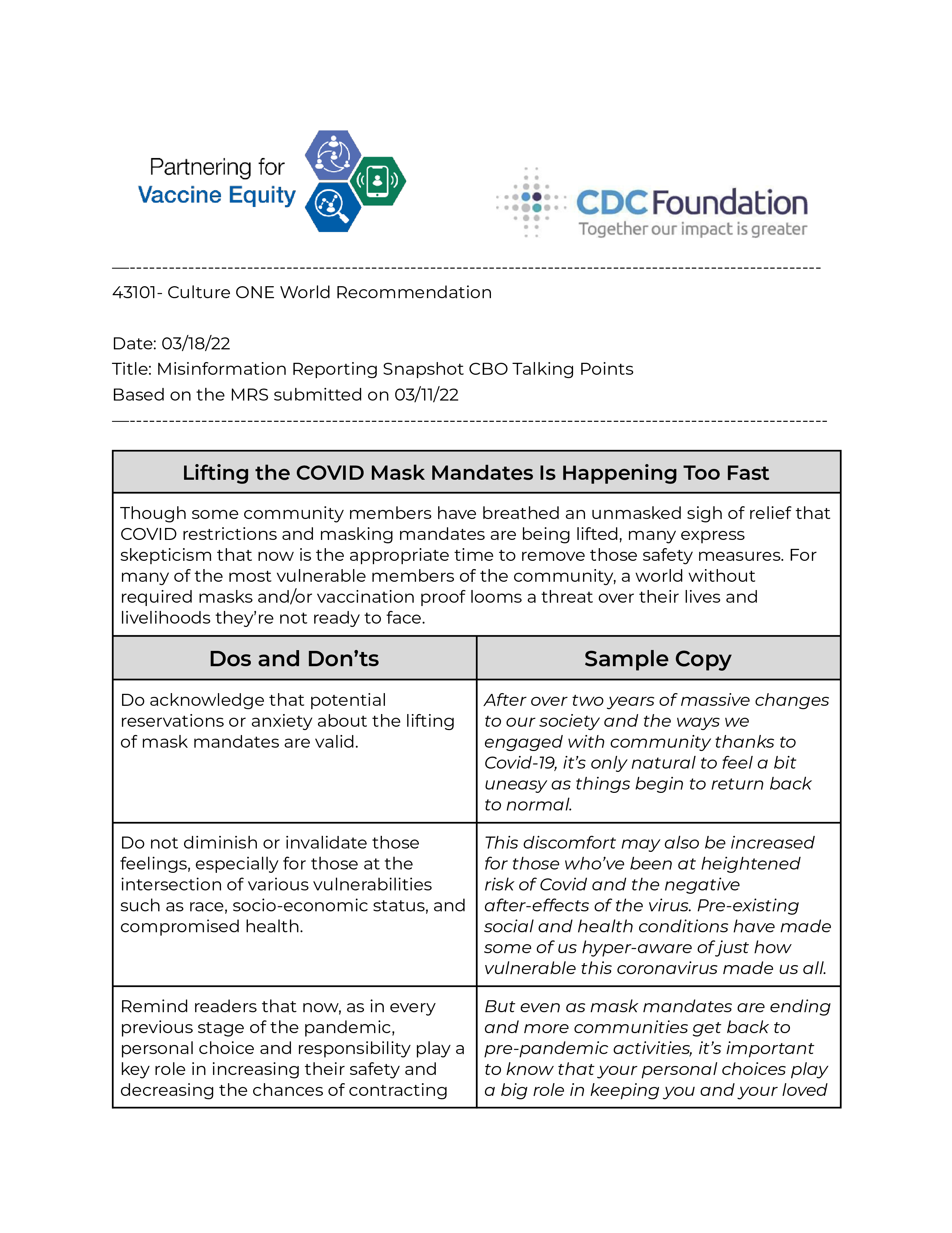 Screenshot of misinformation reporting snapshot. Partnering For Vaccine Equity (P4VE) and CDC Foundation logos are on the top. 