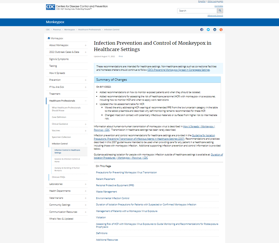 The CDC logo appears in the top left of the webpage. Below it is a blue banner with the title, monkeypox, in white text. Below the title is bulleted and hyperlinked text 