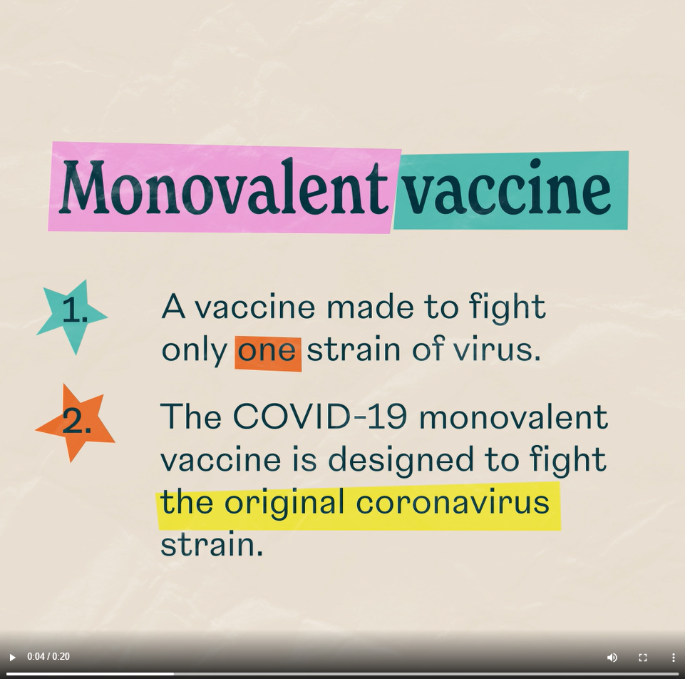 Text with colorful highlighting reads: "Monovalent vaccine: 1. A vaccine made to fight only one strain of a virus. 2. The COVID-19 monovalent vaccine is designed to fight the original coronavirus strain."