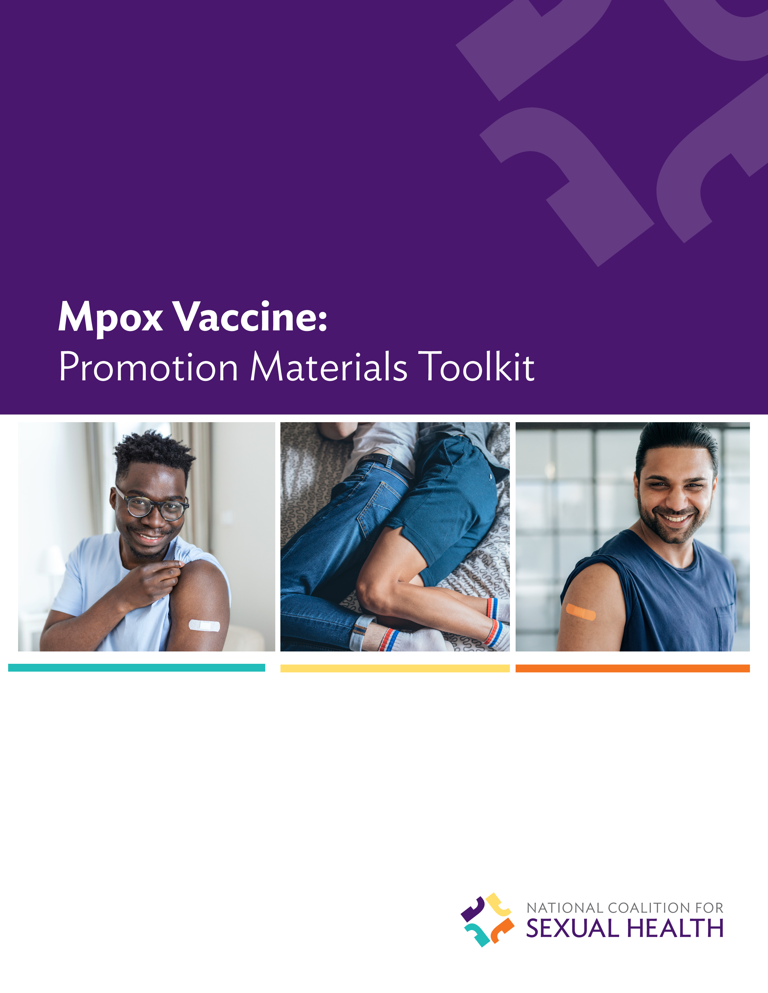 Cover page of toolkit shows three images: a Black man smiling and showing a band-aid on his shoulder, the legs of two men spooning in a bed, a brown man smiling and showing a band-aid on his shoulder.