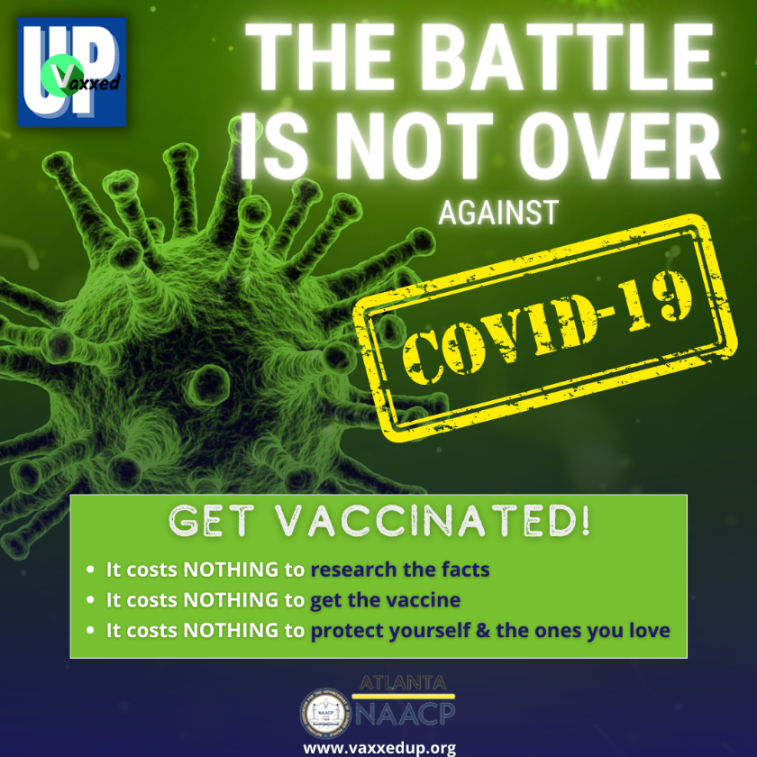 A realistic picture of a COVID virus appears in the background behind text. The image has a green color scheme 