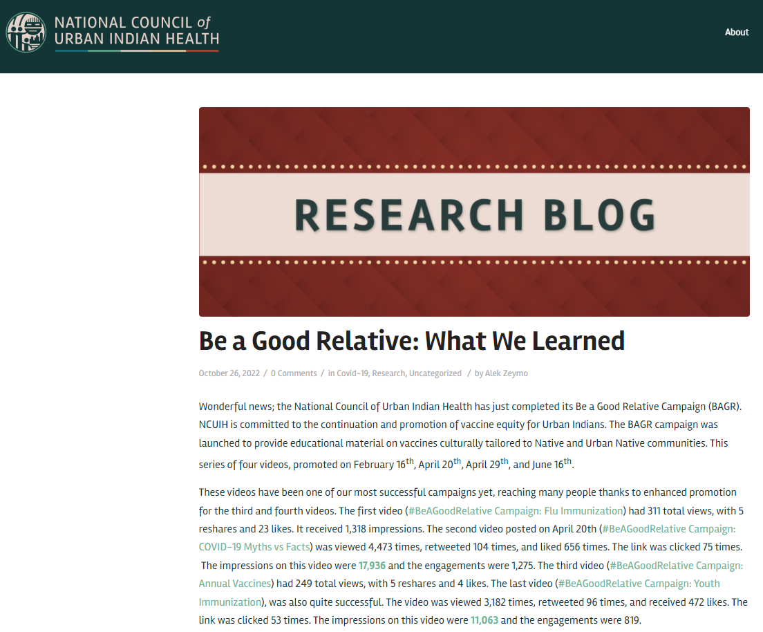 NCUIH webpage with banner image reading: "Research Blog" and titled "Be a Good Relative: What We Learned"