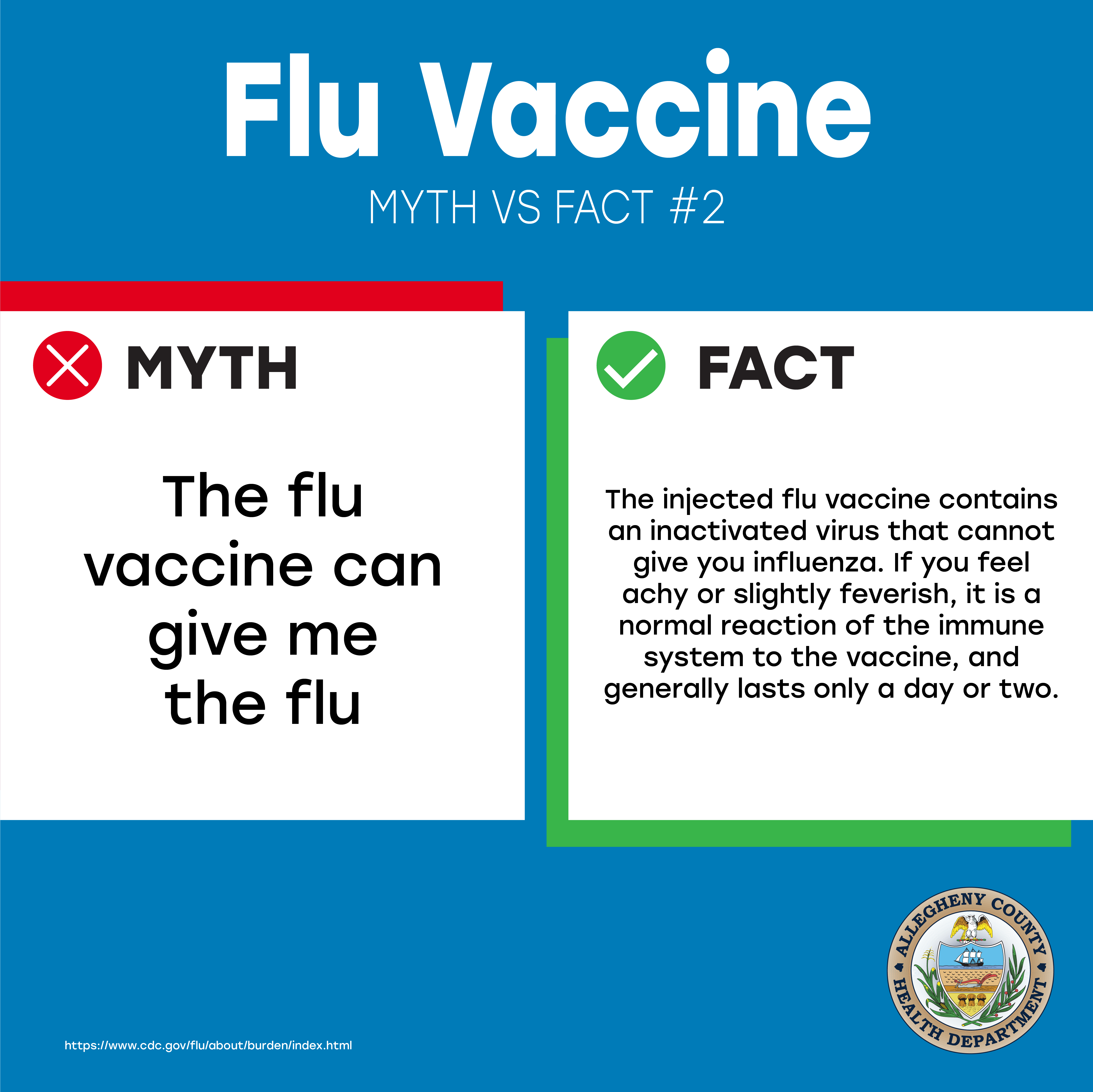 Thumbnail image of the Flu vaccine Myth vs. Fact graphic that states the flu vaccine does not cause an individual to get the flu. The Allegheny County Health Department logo is at the bottom.