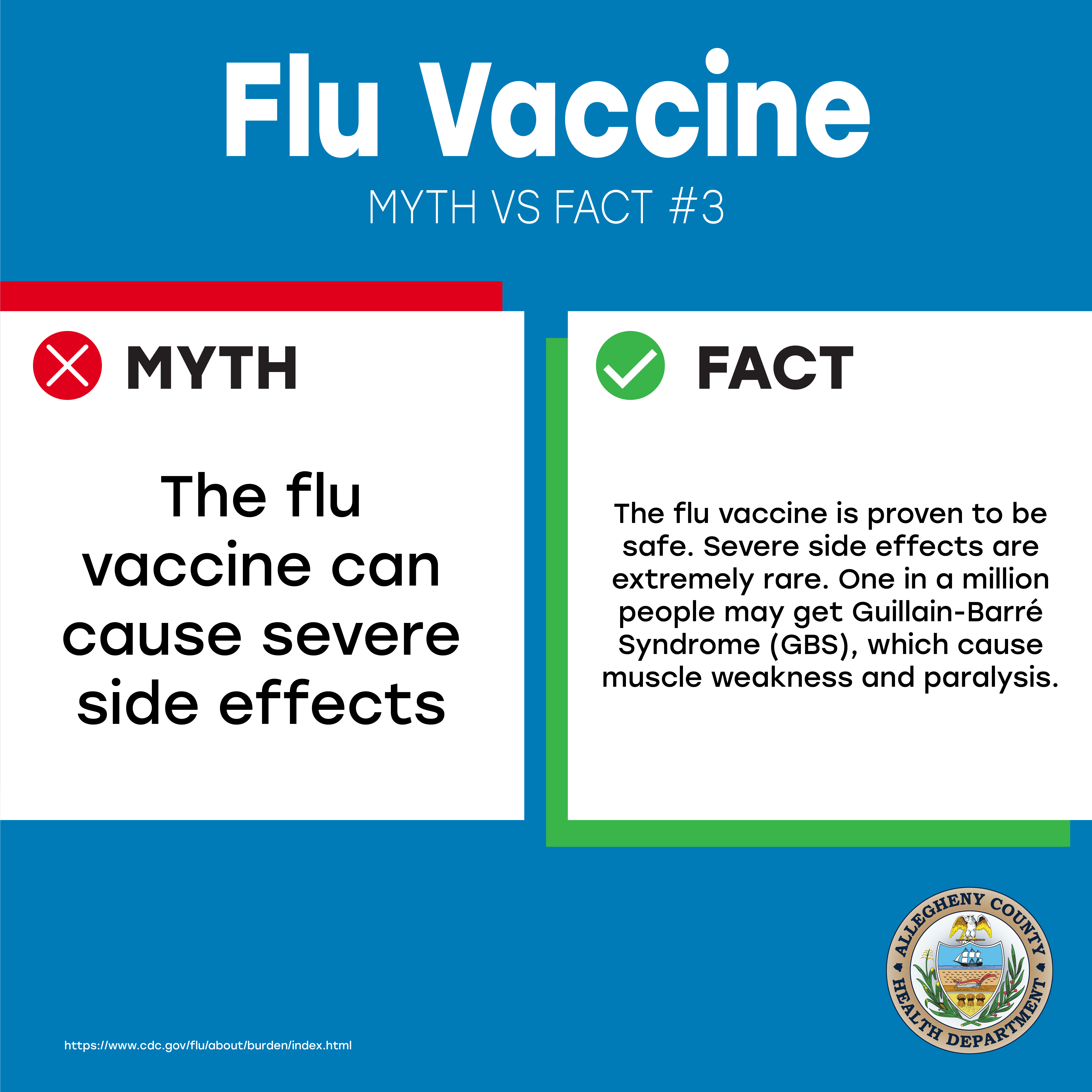 Thumbnail image of Myth the flu vaccine causes severe side effects vs. the Fact that side effects from the flu vaccine are extremely rare. The logo of the Allegheny County health Department is on the bottom right and the bottom left has a link to CDC's flu information.