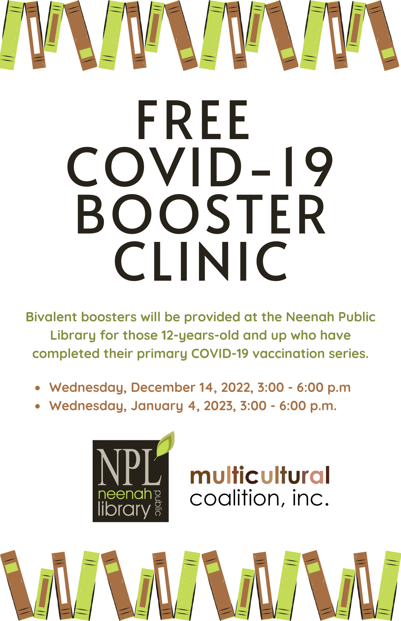 Flyer advertising a COVID-19 booster clinic in on December 14 and January 4