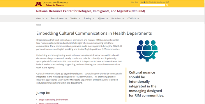 NRC-RIM's webpage for toolkit 'Embedding Cultural Communications in Health Departments'