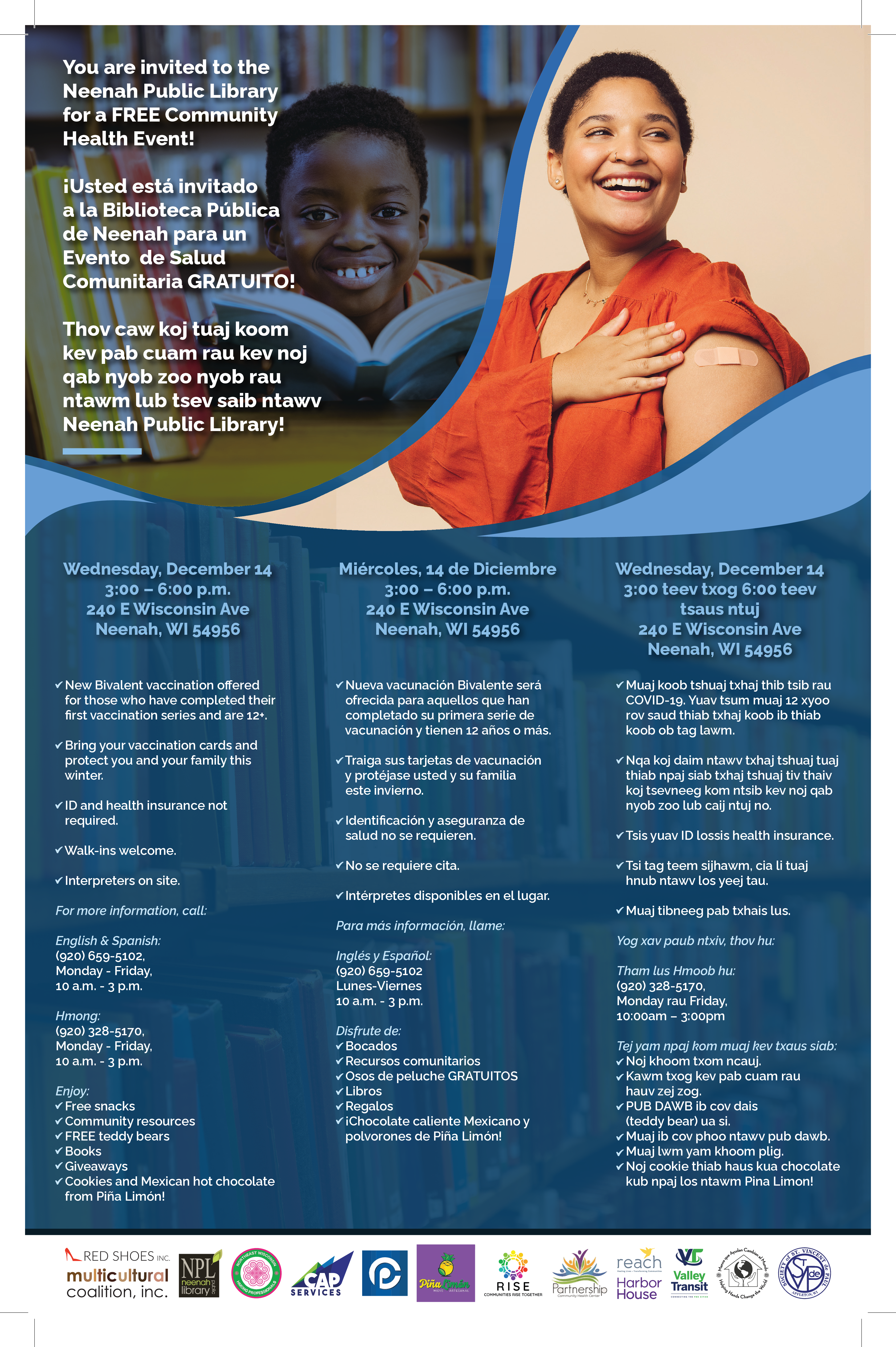 flyer advertising vaccine event showing a photo of a woman with her sleeve up ready to receive a vaccine