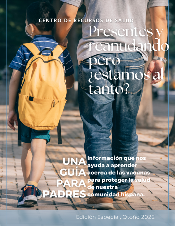 Front cover of a newsletter of an outdoor background with a young boy in a mask with a yellow backpack and a male in jeans and a t-shirt walking away.