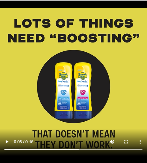 This is an image from the video that says "Lots of things need "Boosting". That doesn't mean they don't work." Two sunscreen bottles are featured in the center of the image.