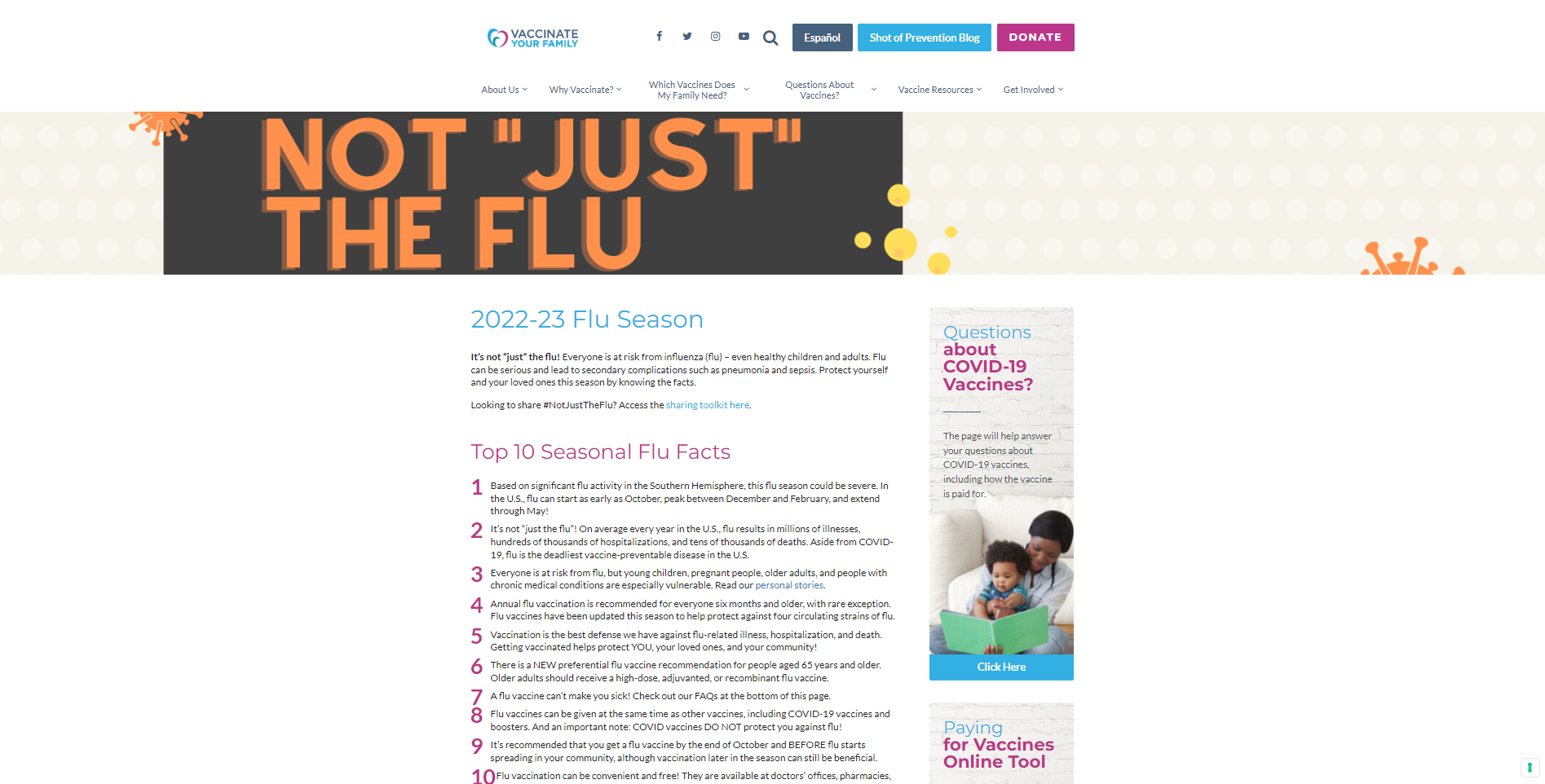 Website describing 10 seasonal flu facts with black, blue and magenta text on white background and black and orange title. Vaccinate Your Family logo is at the top on the page.