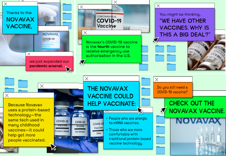 Multiple multicolored boxes appear in the style of an older computer screen. There are five images of the Novavax COVID-19 vaccine accompanying the colorful messages