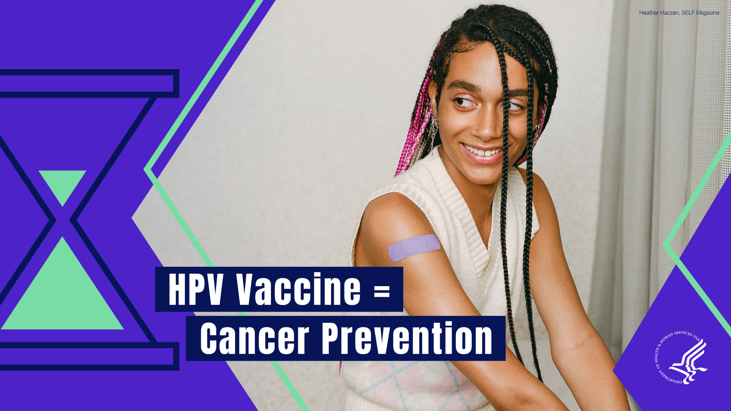 Image of a young Black woman smiling with an adhesive bandage on her arm. Text reads, "HPV Vaccine = Cancer Prevention"