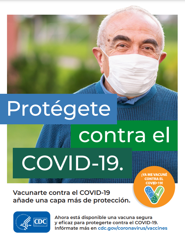 Image of an older male adult wearing a mask behind a phrase that says "Protect from COVID-19" in Spanish