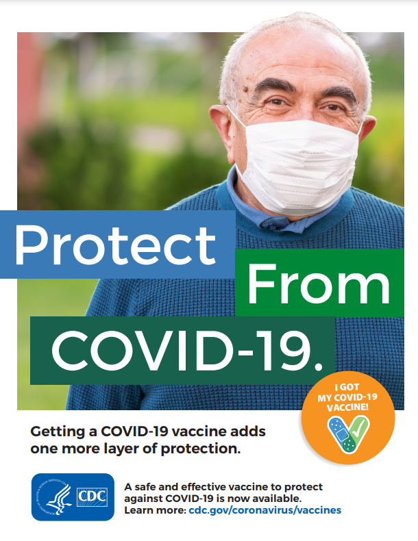 Image of an older male adult wearing a mask behind a phrase that says "Protect from COVID-19."
