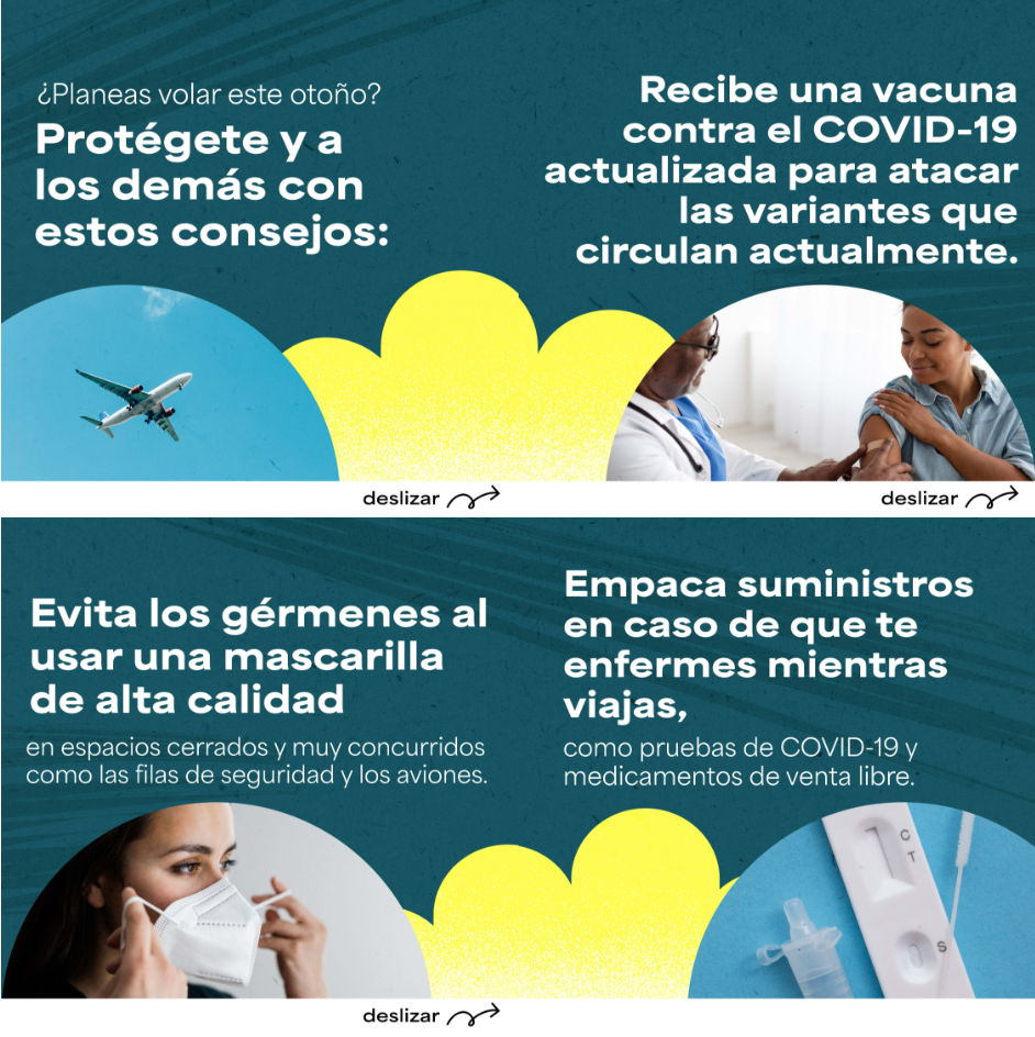 Four graphics show the following: a plane flying overhead against a clear blue sky, a Black doctor applying a bandage to a Black patient's shoulder as she smiles & holds up her shirt sleeve, a close-up image of a woman in profile placing an N95 mask over her nose & mouth, a close-up image of a COVID-19 test kit.