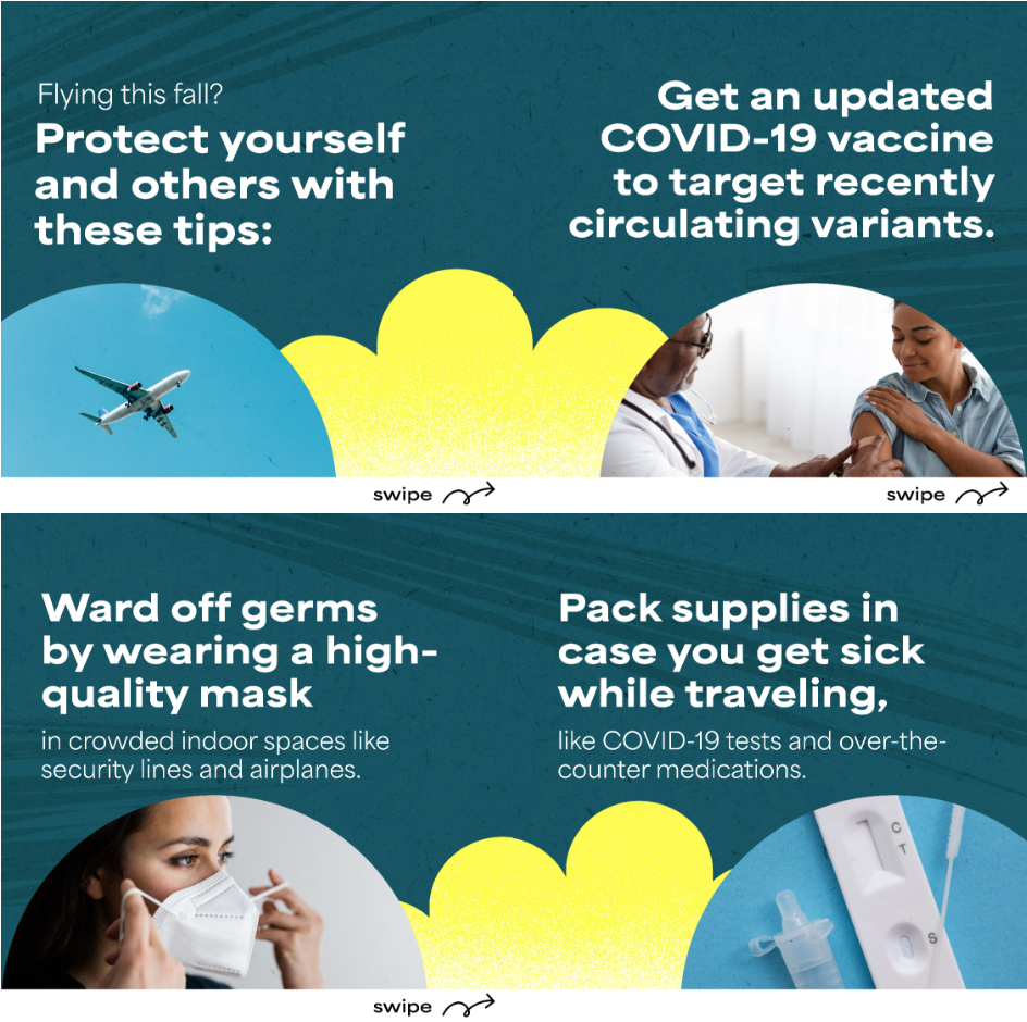 Four graphics show the following: a plane flying overhead against a clear blue sky, a Black doctor applying a bandage to a Black patient's shoulder as she smiles & holds up her shirt sleeve, a close-up image of a woman in profile placing an N95 mask over her nose & mouth, a close-up image of a COVID-19 test kit.