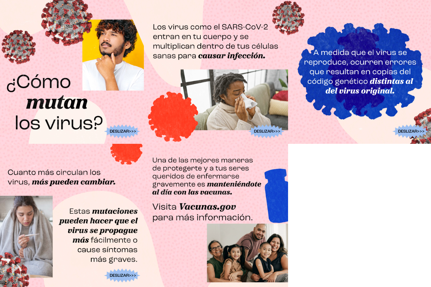 Graphics show a man of color pensively stroking his chin, a Black person blowing their nose on a couch, a person huddled under a blanket reading a thermometer, and a grandmother, mother, father & two children smiling and showing off the bandages on their shoulders post-vaccination.