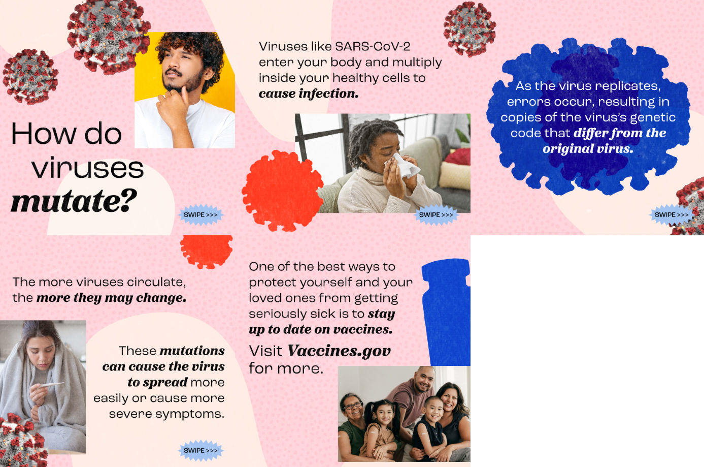 Graphics show a man of color pensively stroking his chin, a Black person blowing their nose on a couch, a person huddled under a blanket reading a thermometer, and a grandmother, mother, father & two children smiling and showing off the bandages on their shoulders post-vaccination.