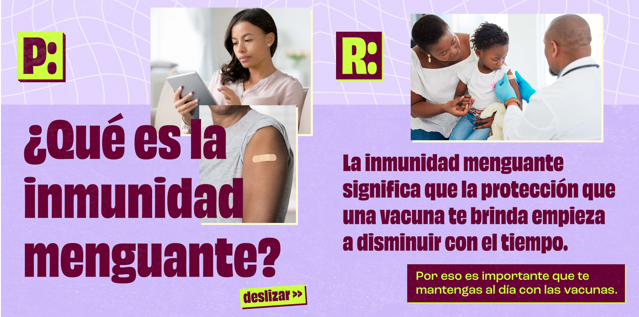 Graphics show three images: a Black woman reading on a tablet, a close-up of the arm of a Black person with a bandage on their vaccination spot, and a Black woman holding her young daughter while she receives a bandage on her vaccination spot from a healthcare provider.