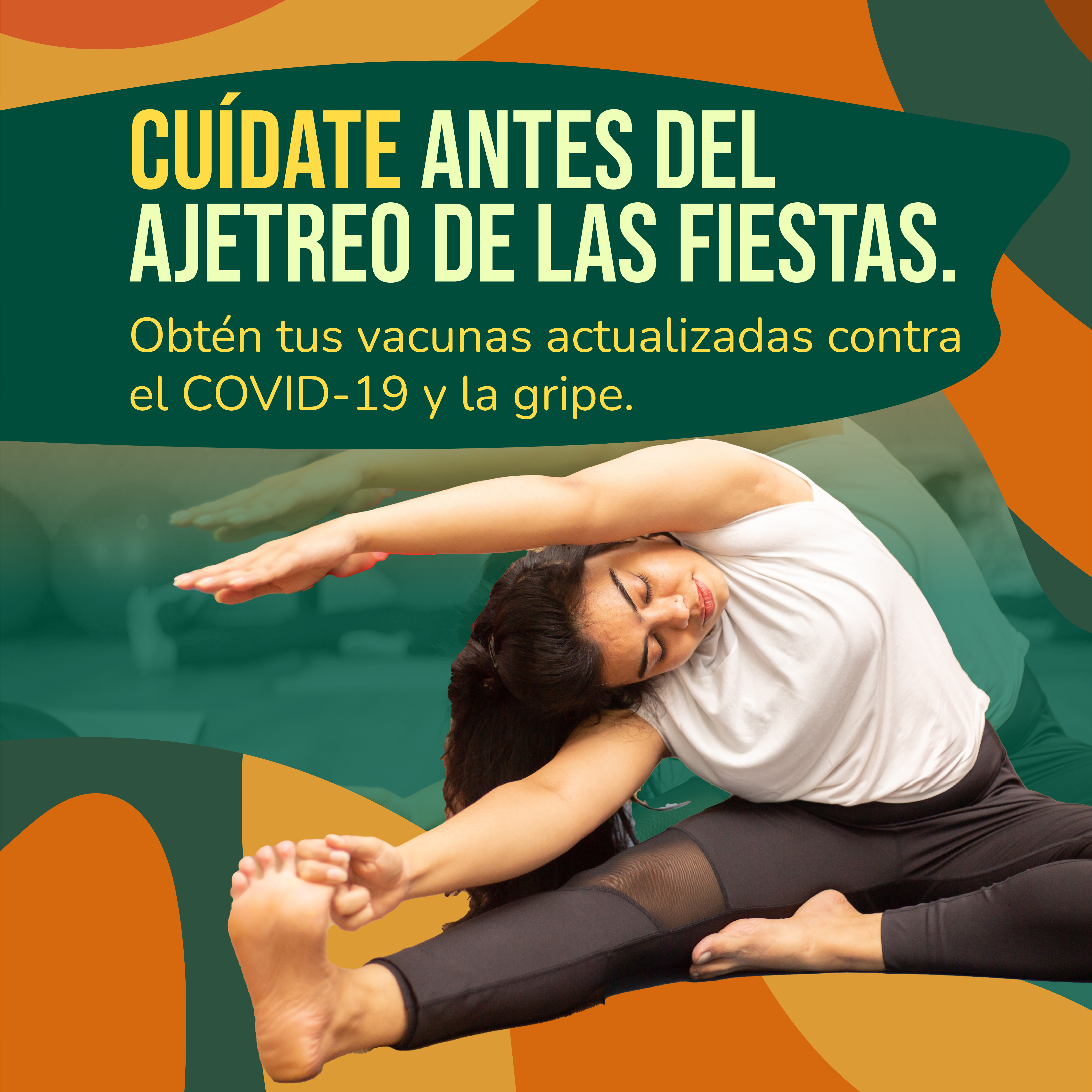 Graphic contains an image of a hispanic woman sitting in a yoga pose