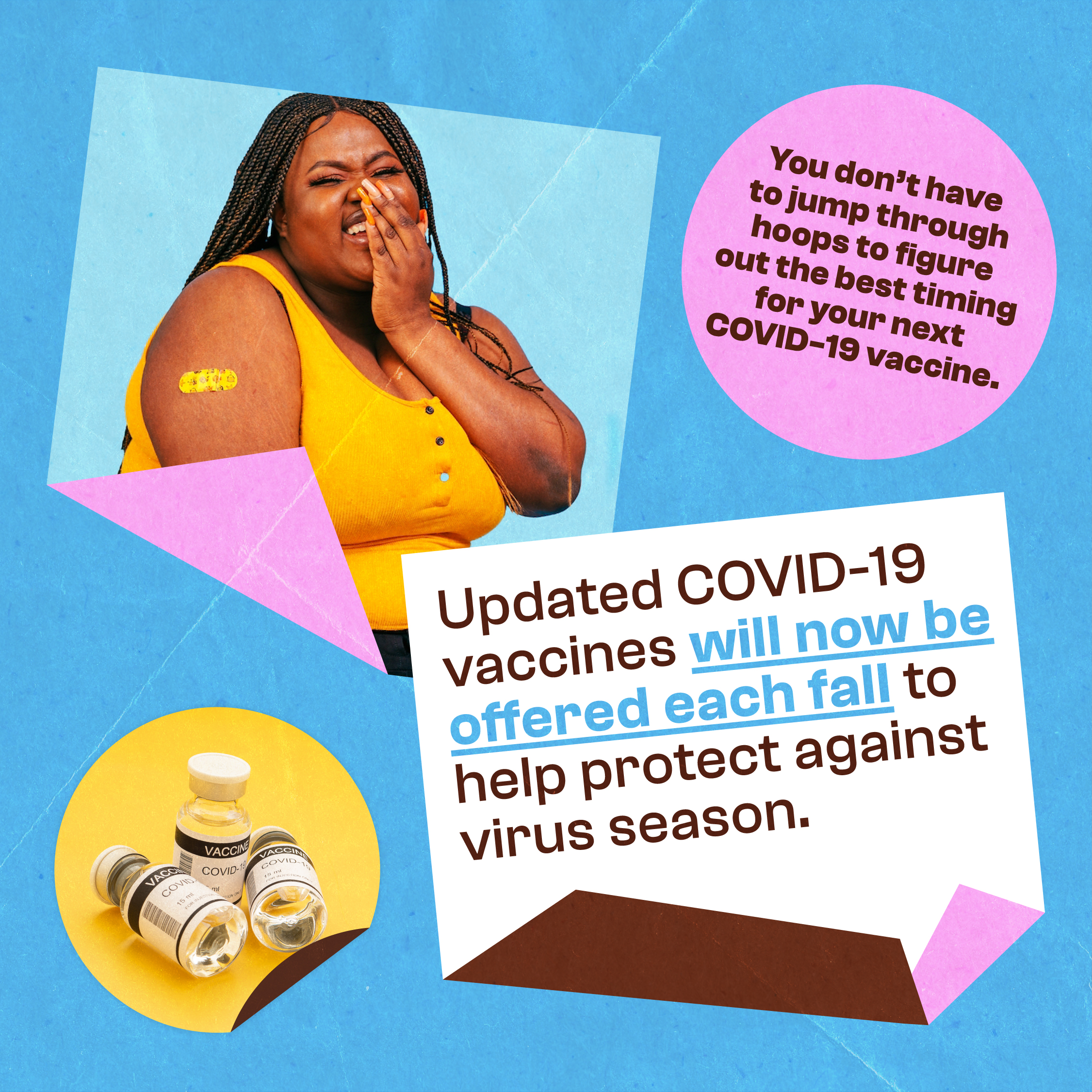A graphic containing two photos, one of COVID-19 vaccine vials, and one of a black woman smiling with a bandage on her arm.