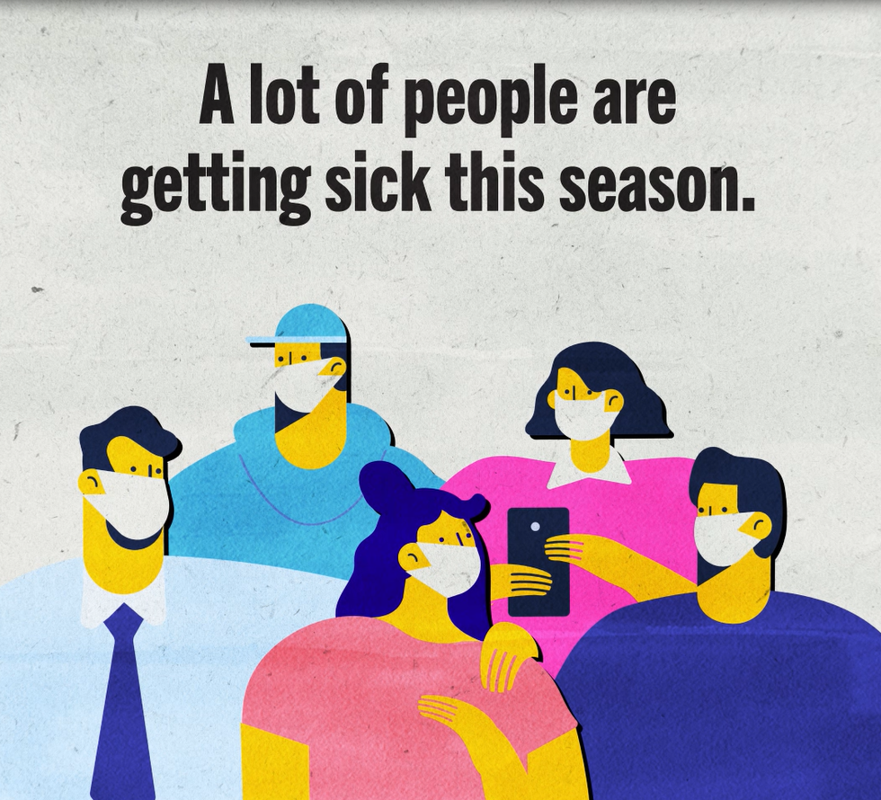 Illustration of five people wearing masks. Text reads: "A lot of people are getting sick this season."