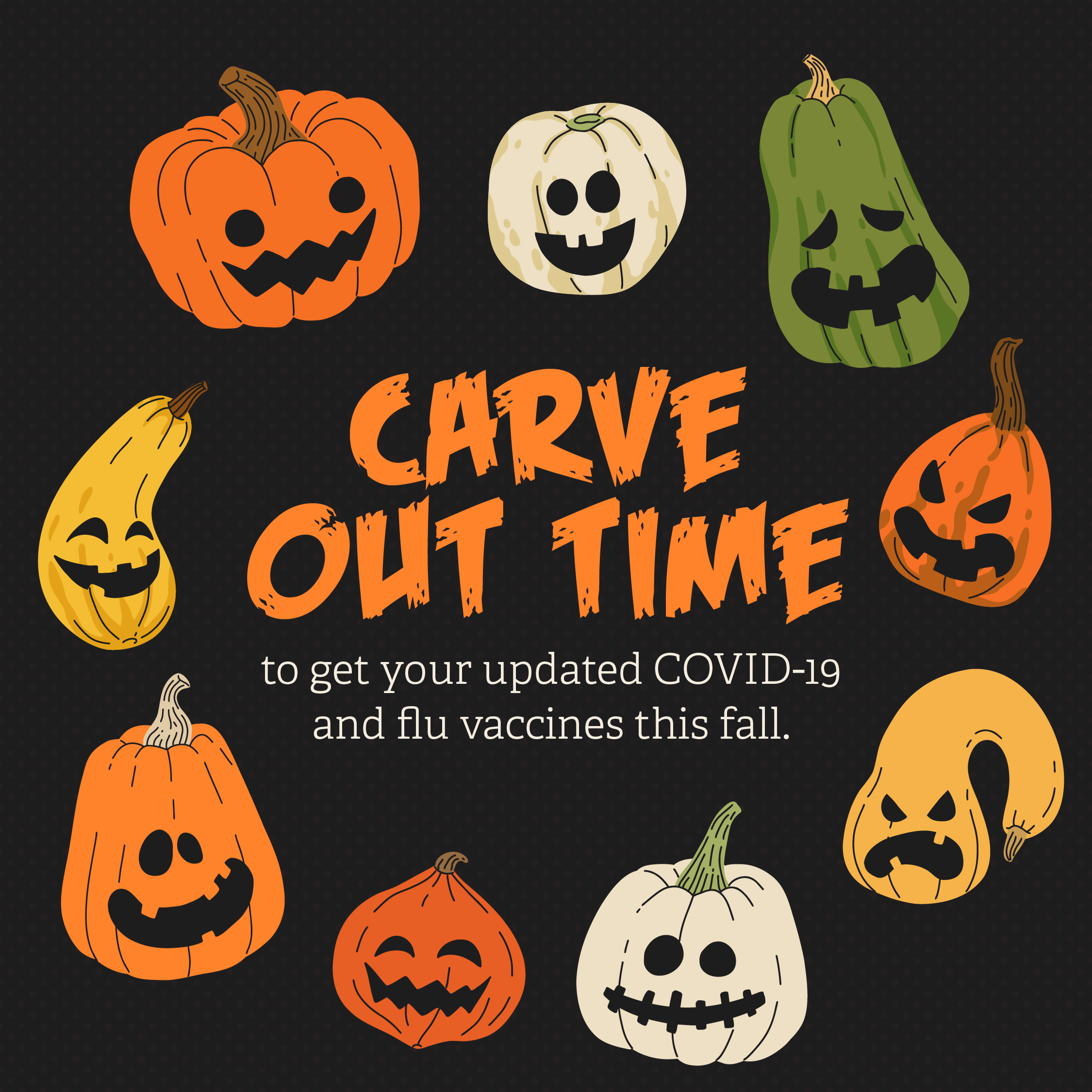 Graphic shows text against a black square background surrounded by a circle of orange, yellow, white and green jack-o-lanterns, some with spooky faces & some smiling.