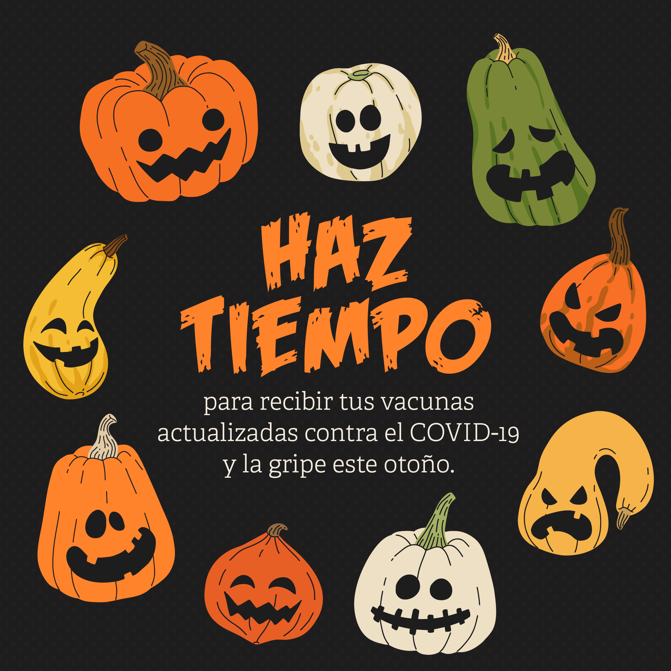 Graphic shows text against a black square background surrounded by a circle of orange, yellow, white and green jack-o-lanterns, some with spooky faces & some smiling.