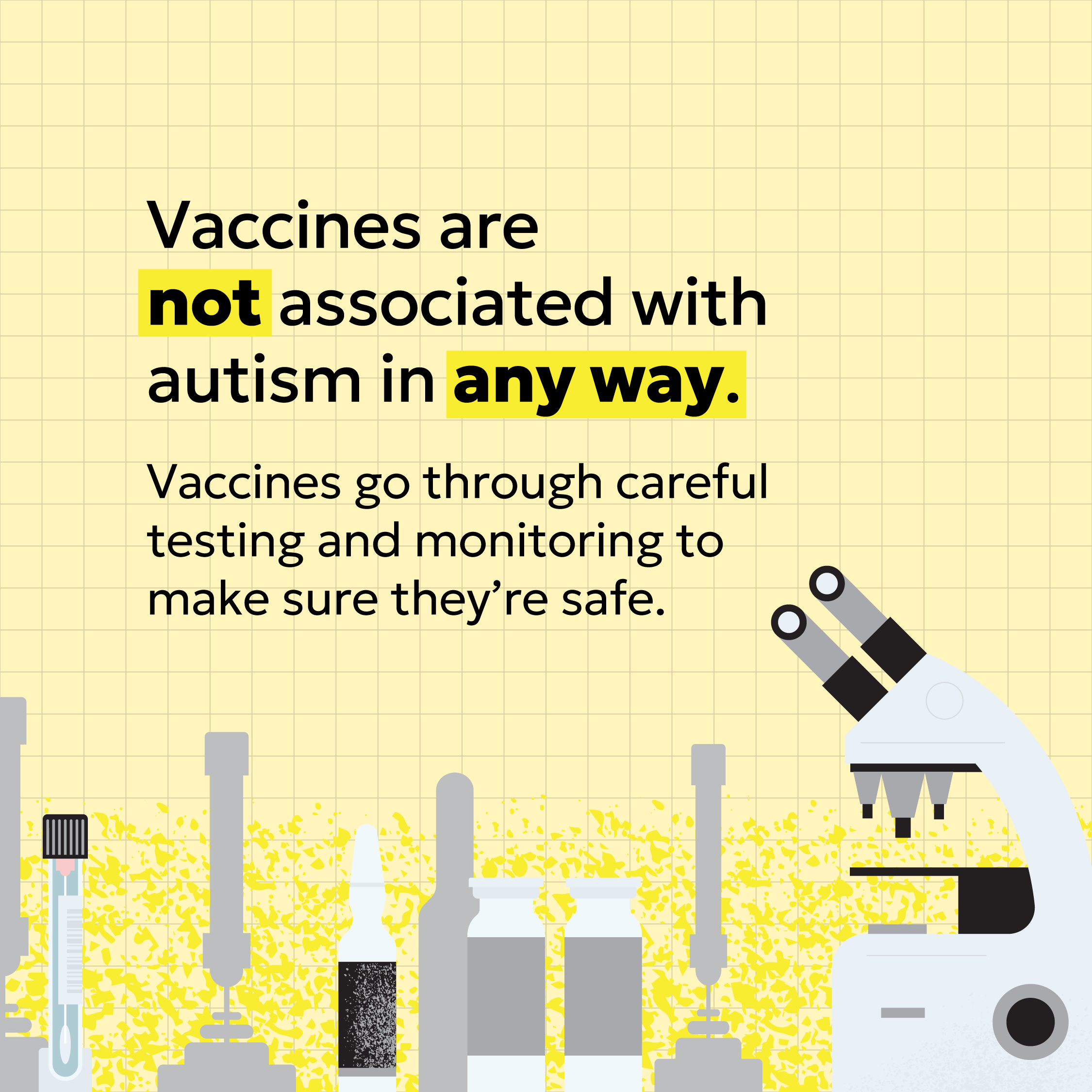 Graphic shows an illustrated image of a microscope, vaccine vials and other lab equipment.