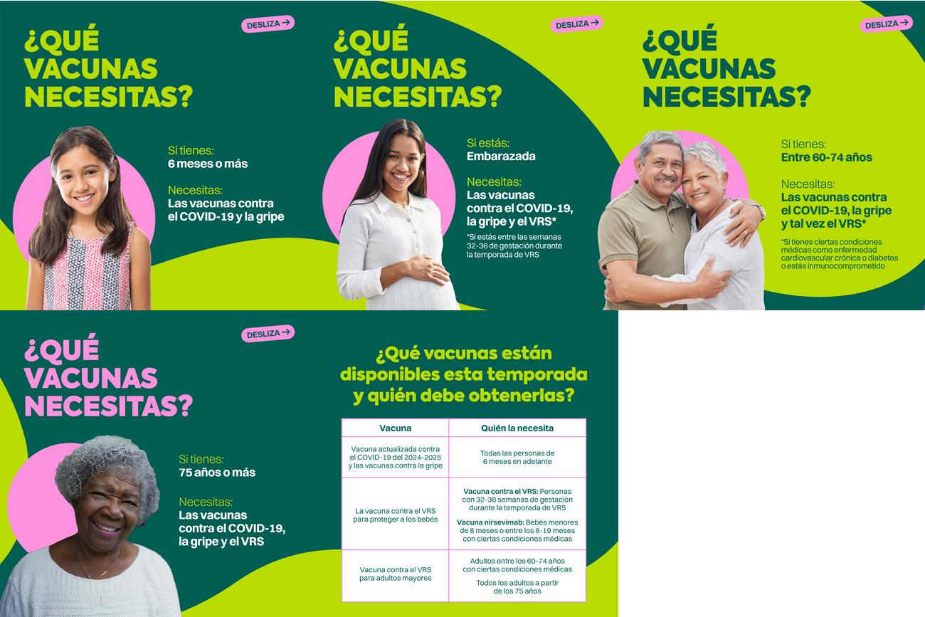 Graphics show four images: a young girl smiling, a pregnant person smiling and holding her baby bump, a Latino man and woman smiling and hugging one another, and an older Black woman smiling.