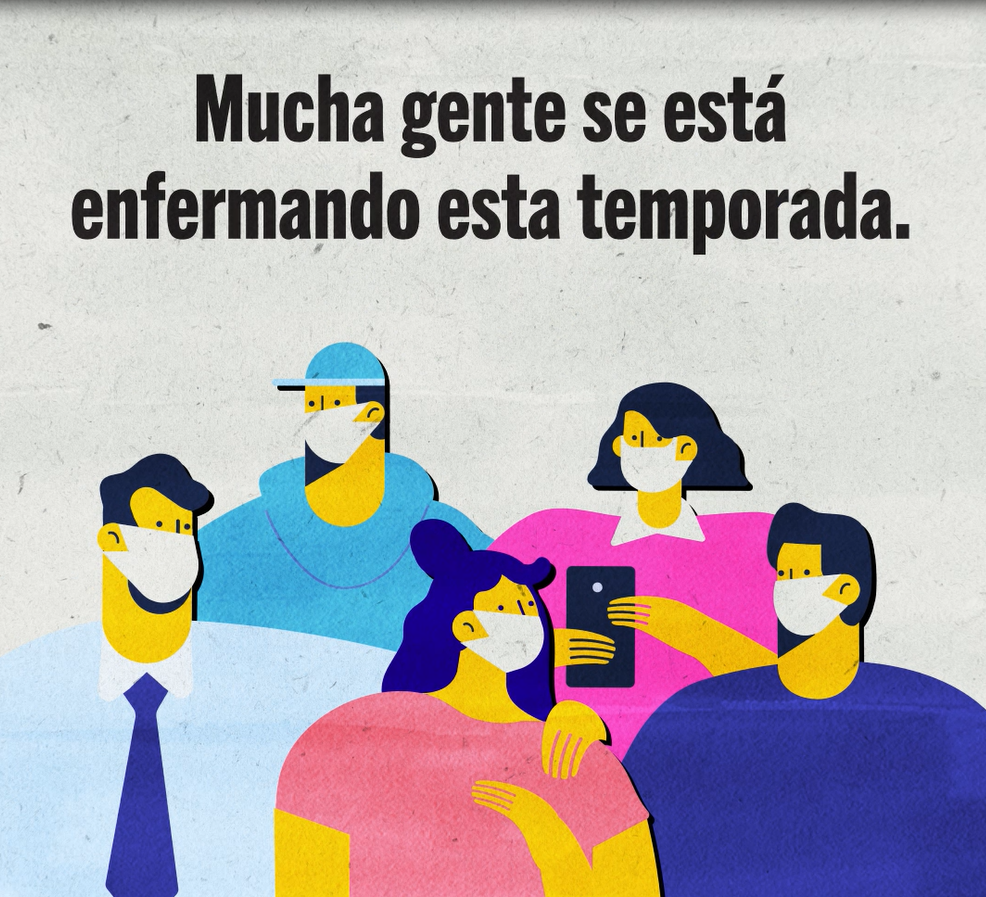 Illustration of five people wearing masks. Spanish text reads: "A lot of people are getting sick this season."