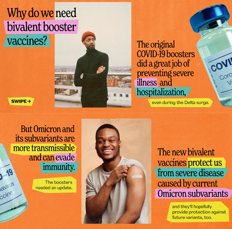 4 images with orange background and colorful text boxes. Includes two photos of Black men. One is outside and another is inside smiling and showing a bandage on his arm after vaccination.
