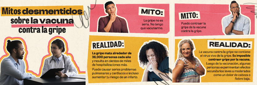 Image with three panels shows a provider talking to a patient, a man looking pensive, a woman blowing her nose, and an older woman showing off her bandage on her shoulder.