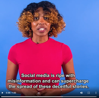 A Black woman speaking and standing against a blue background. The text reads ' Social media is ripe with misinformation and can supercharge the spread of these deceitful stories.'