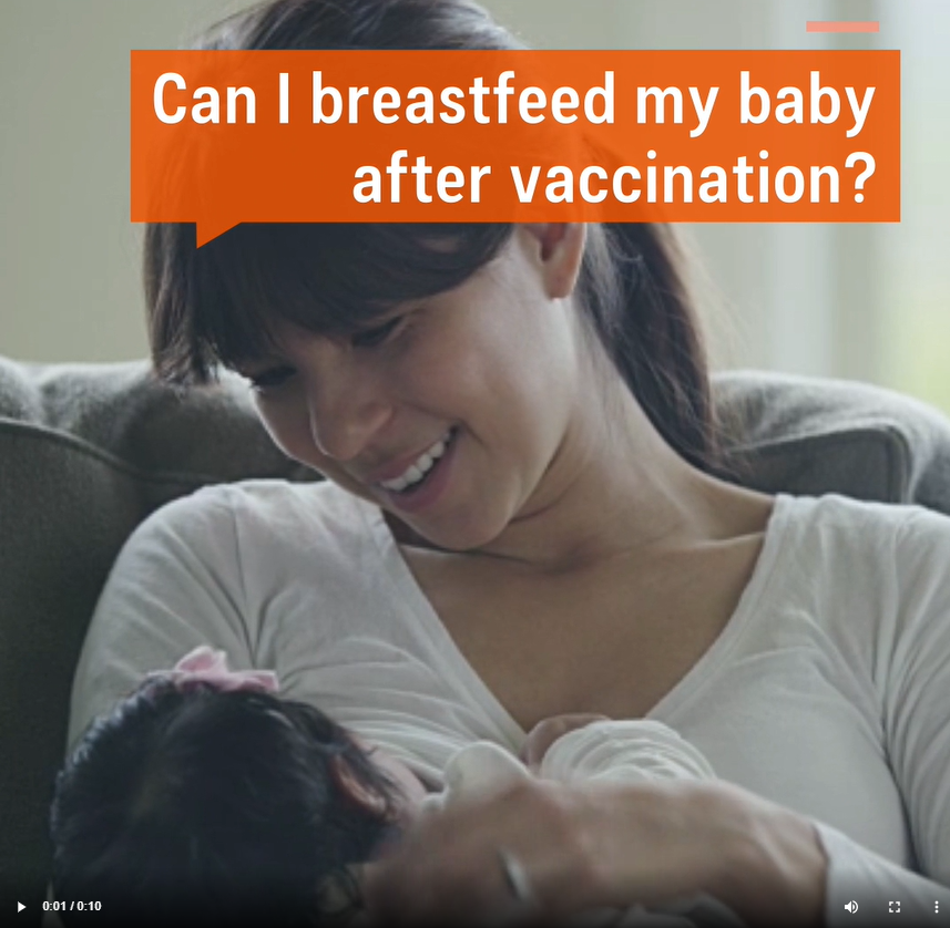 A mother holding her baby and smiling. Text reads, "Can I breastfeed my baby after vaccination?"