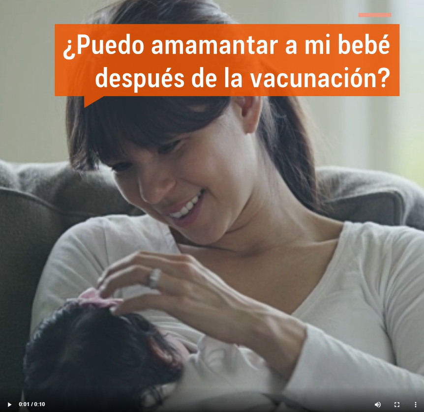 A mother holding her baby and smiling. Spanish text reads, "Can I breastfeed my baby after vaccination?"