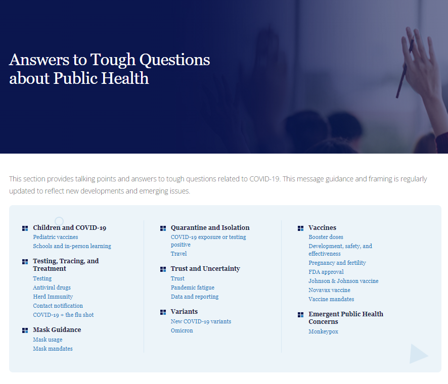 Screenshot of webpage titled "Answers to Tough Questions About Public Health" in white text over navy blue background. 