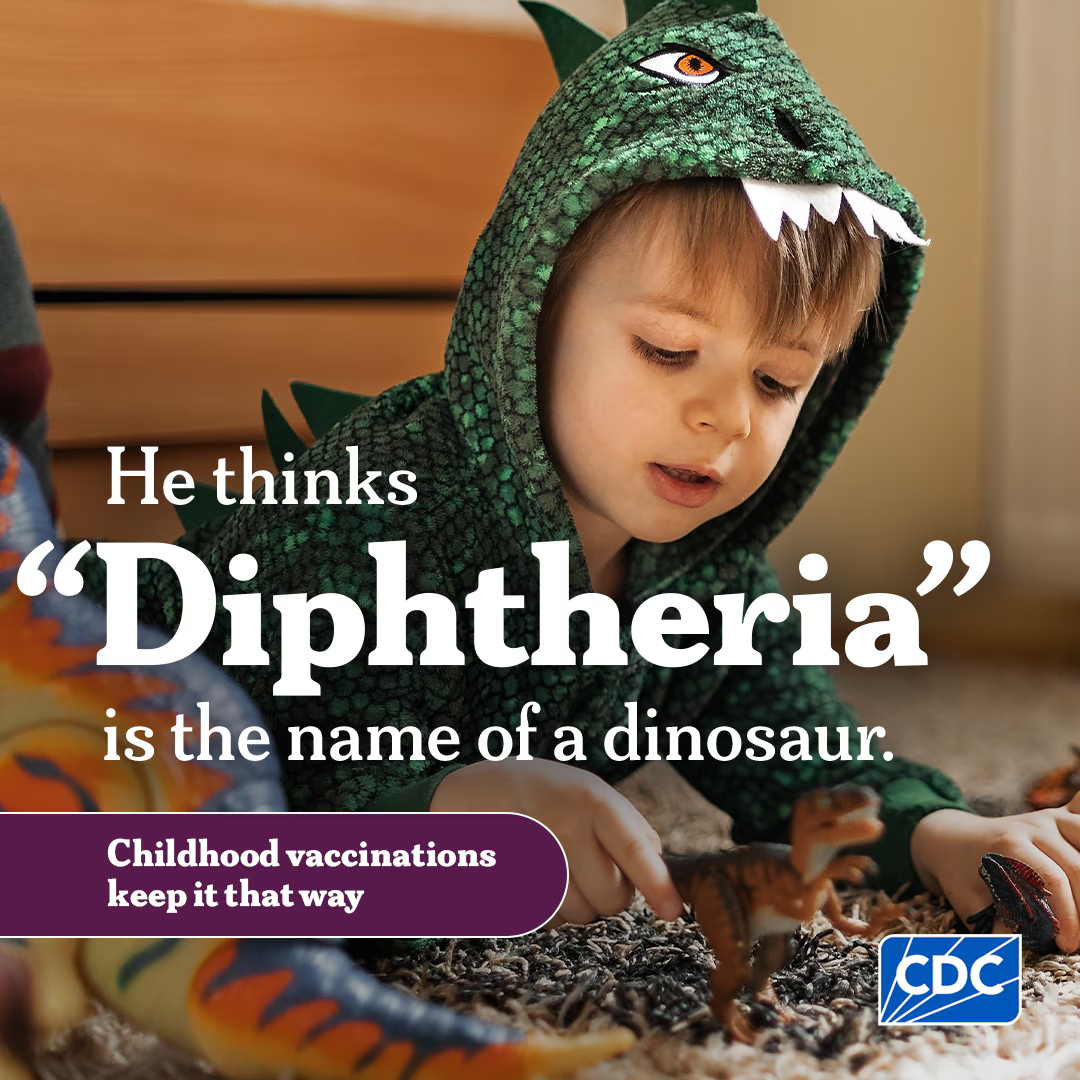 Graphic includes a young boy playing with toy dinosaurs. Text says: He thinks "Diphtheria" is the name of a dinosaur. Childhood vaccinations keep it that way.