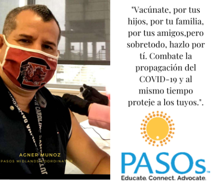 Latino male wearing a mask and getting vaccinated encourages others to get vaccinated against COVID-19.