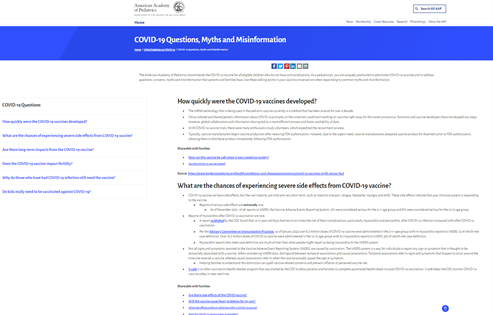 Screenshot of American Academy of Pediatrics (AAP) webpage that provides explanations for the myths and misinformation about COVID-19 pediatric vaccines. 