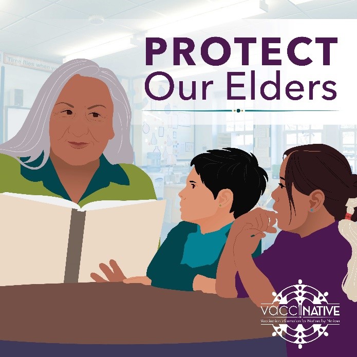 A Native elder reads to three Native children all sitting around a table at school.