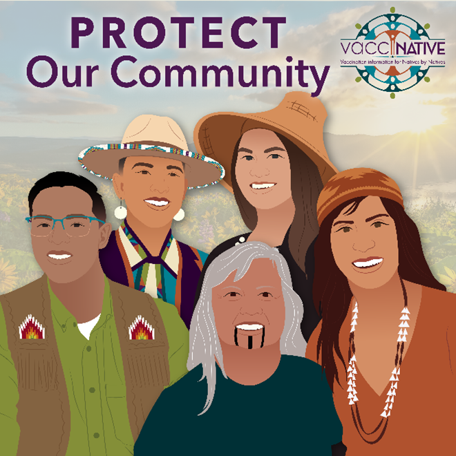 A group of Native people stand together smiling, several of whom have hats, necklaces and other accessories of indigenous origin.