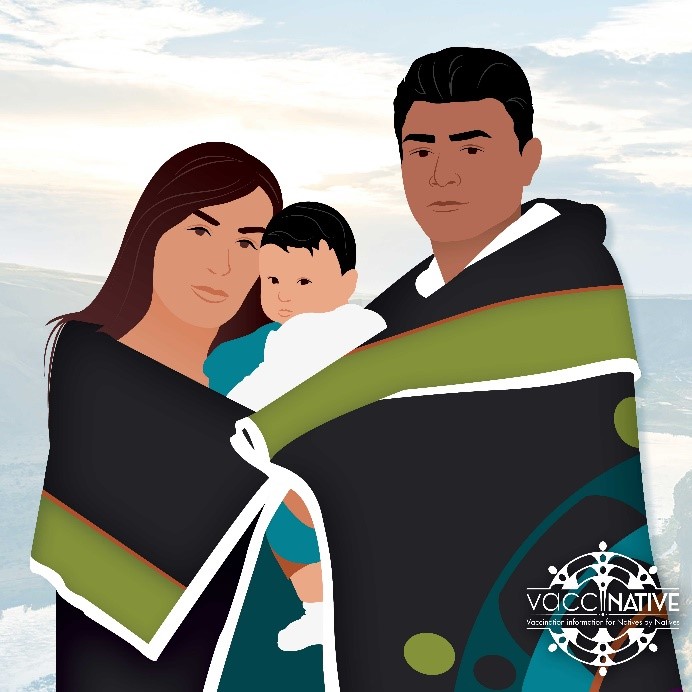 A Native mother and father wrapped in a blanket embrace and hold their newborn baby.