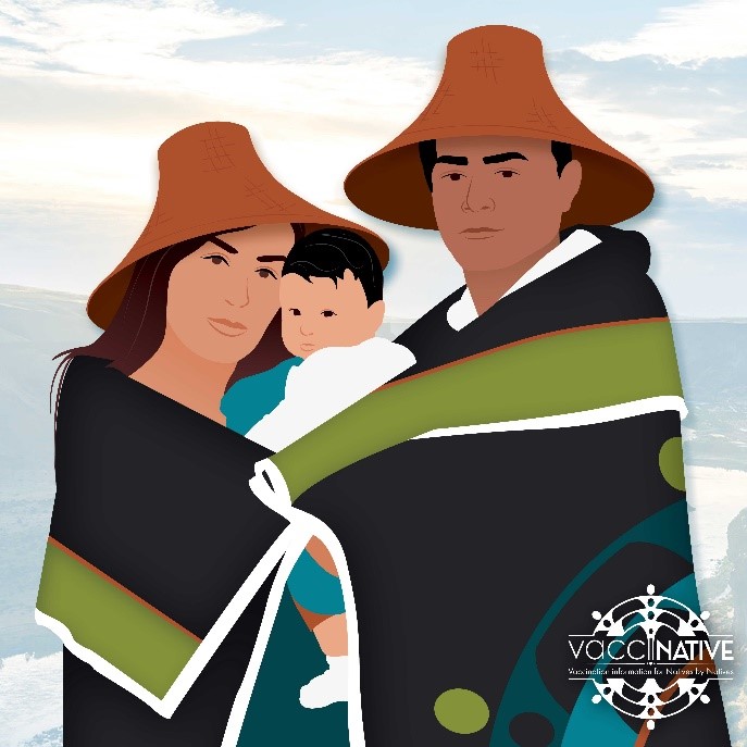 A Native mother and father with hats wrapped in a blanket embrace and hold their newborn baby.