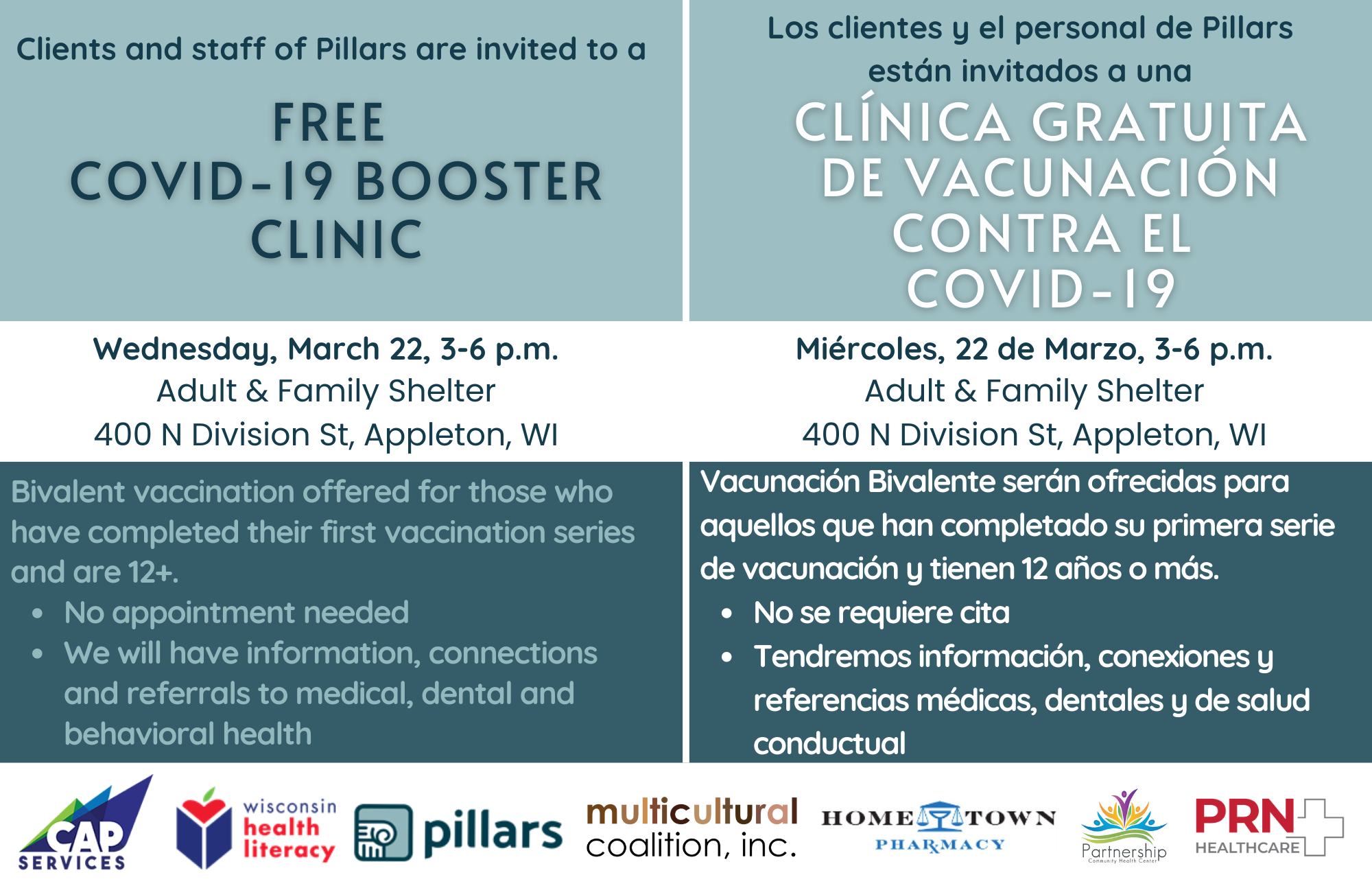 English and Spanish text on blue and white background to promote a clinic event for COVID-19 boosters