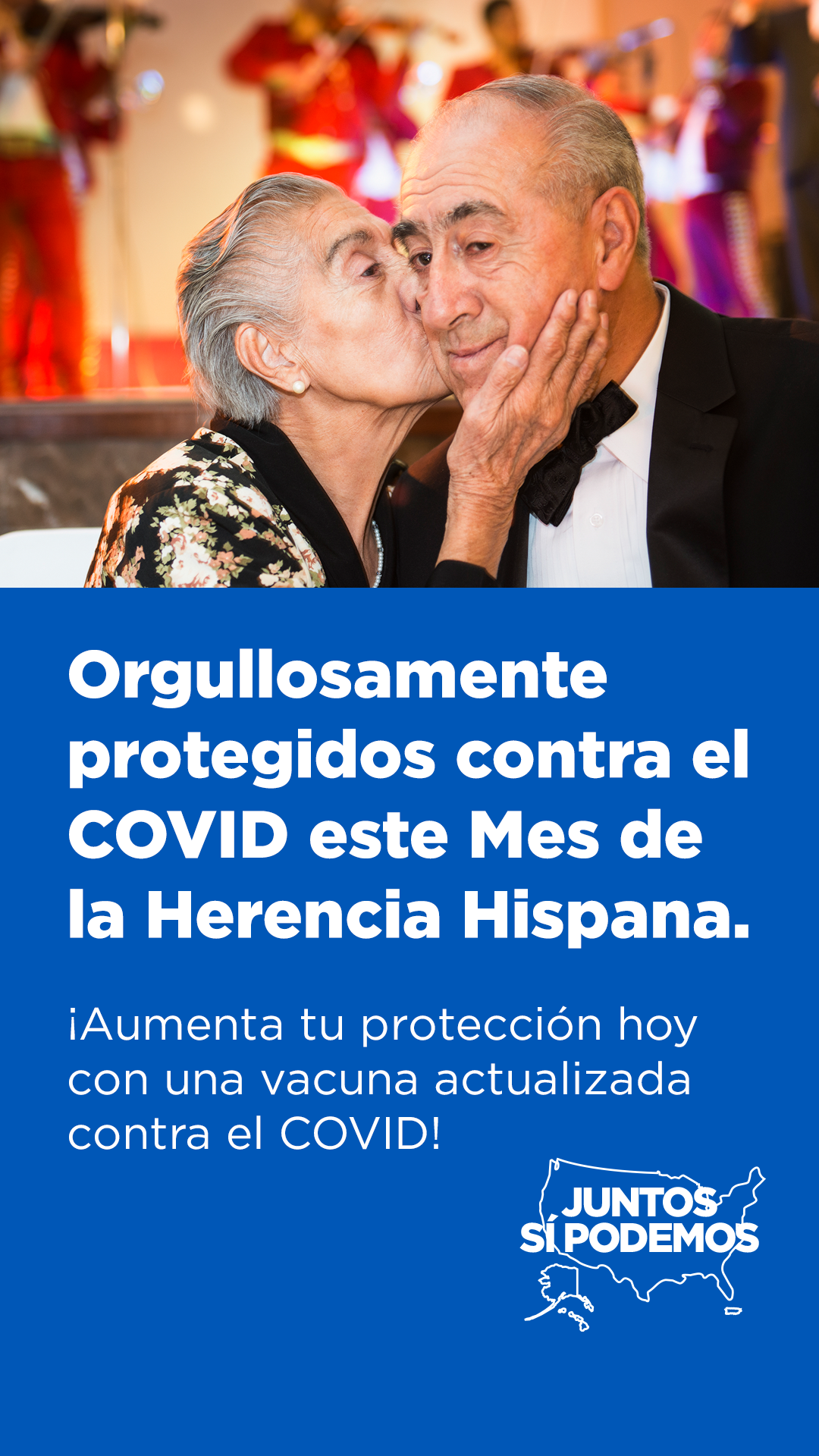 An older Hispanic couple, a man and a woman. The woman kisses the man on the cheek. Below the picture is white text on a blue background.
