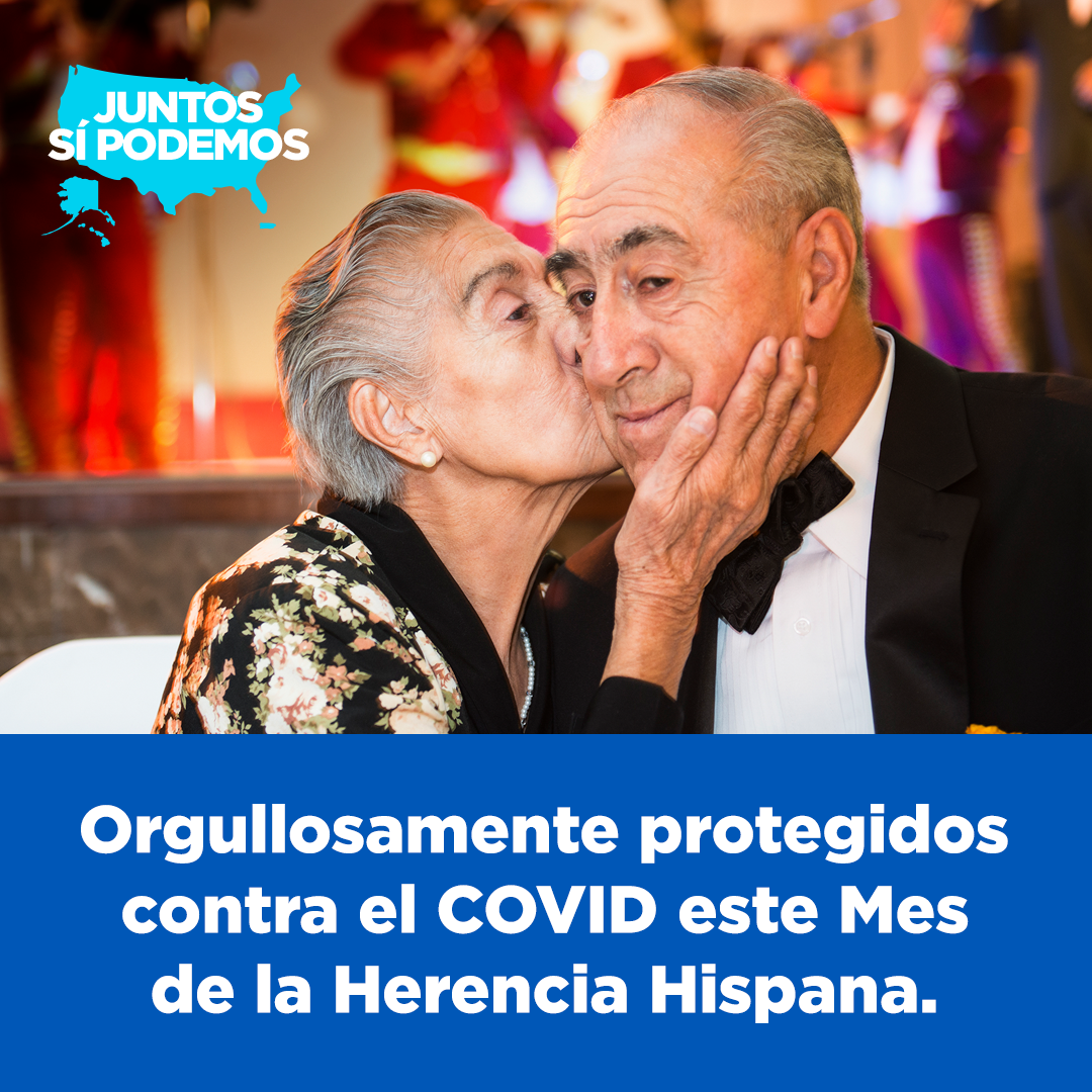 An older Hispanic couple, a man and a woman. The woman kisses the man on the cheek. Below the picture is white text on a blue background.