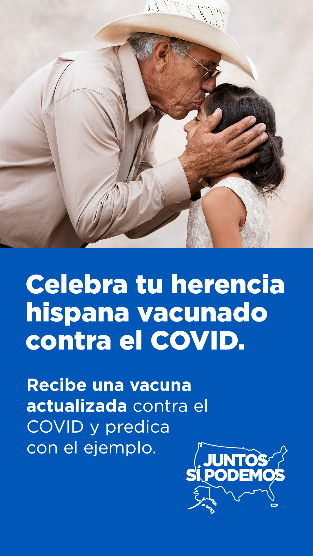 A Hispanic grandfather kisses his granddaughter on the forehead. Picture is above white text on a blue background.