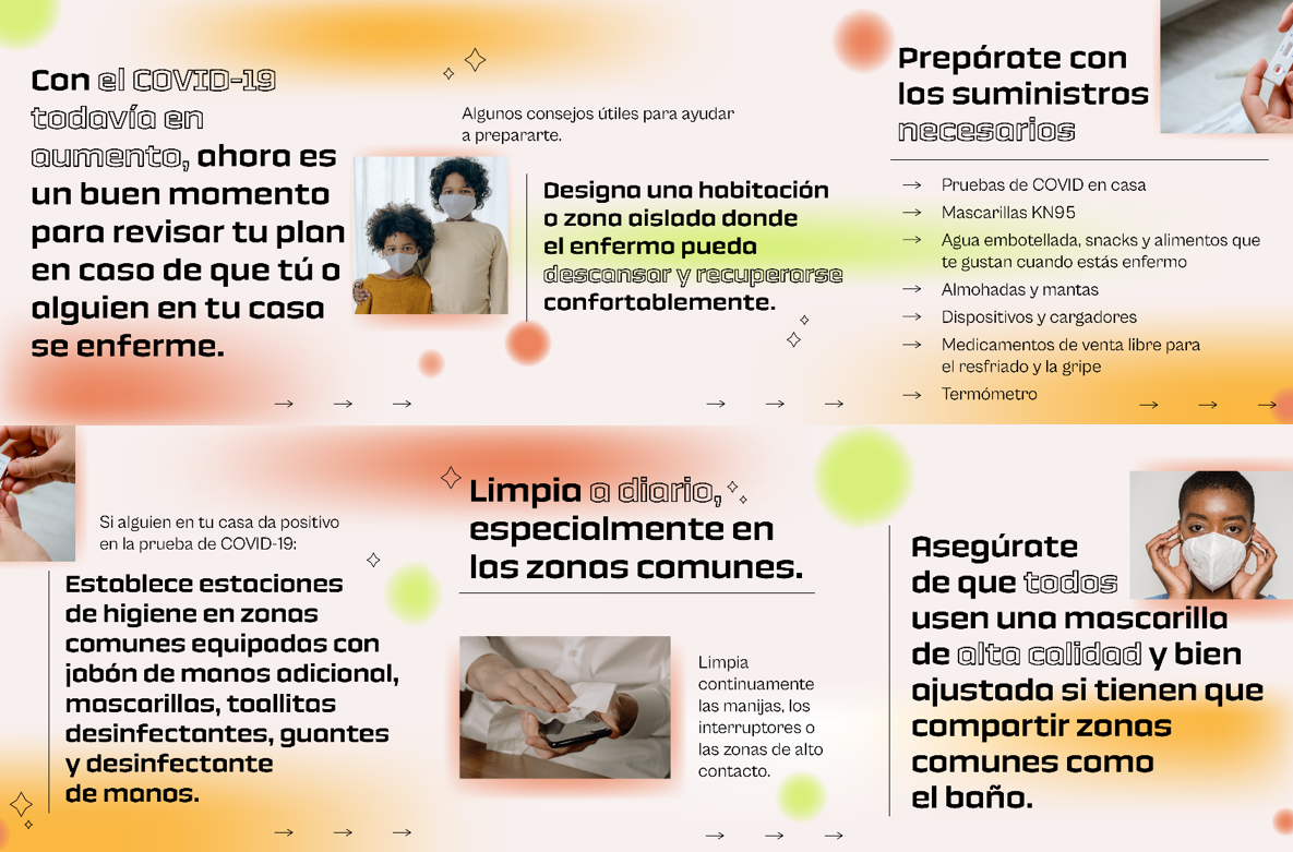 Six graphics with text make up a carousel post with images of young children wearing masks, a person's hands holding a COVID test, a person's hands wiping down their phone, and a Black person wearing a well-fitting mask. 