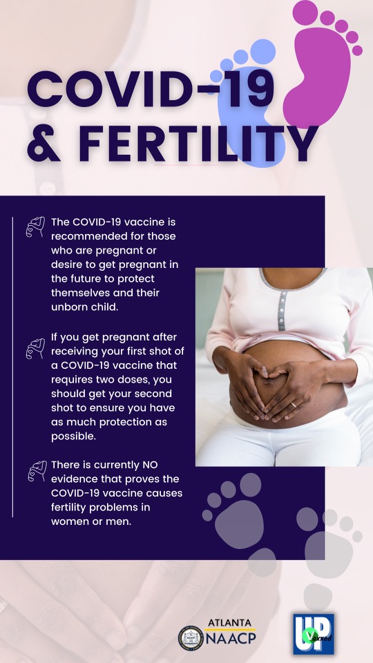 A Black pregnant woman holds her stomach with both hands. Cartoon images of baby feet are above next to the title 'COVID-19 & Fertility"